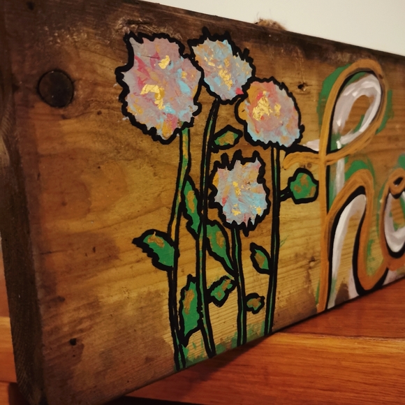 Handcrafted Home Wood Sign Painting flowers Gold - Picture 6 of 8